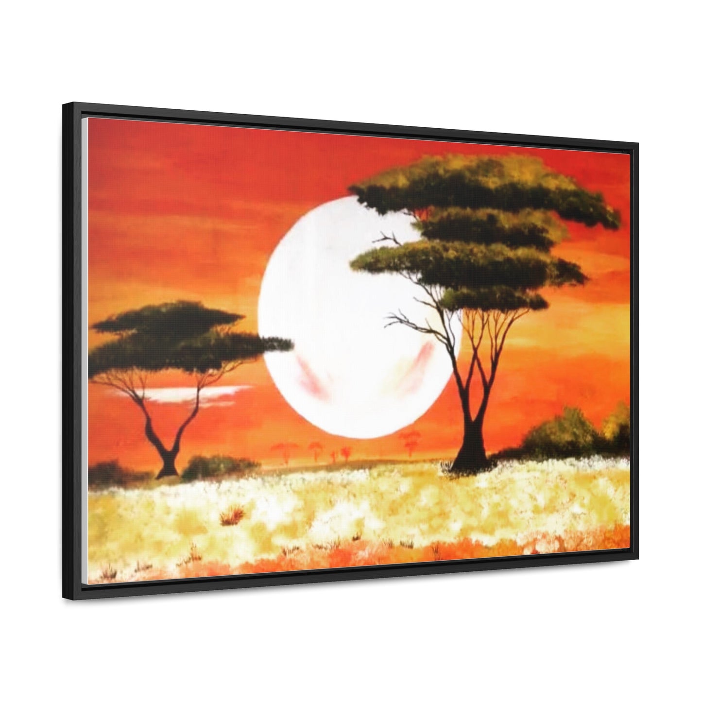 "Moon Lit Savannah" African Wall Art on Canvas, Framed Artwork created and designed by African Artist, Wambi Joseph