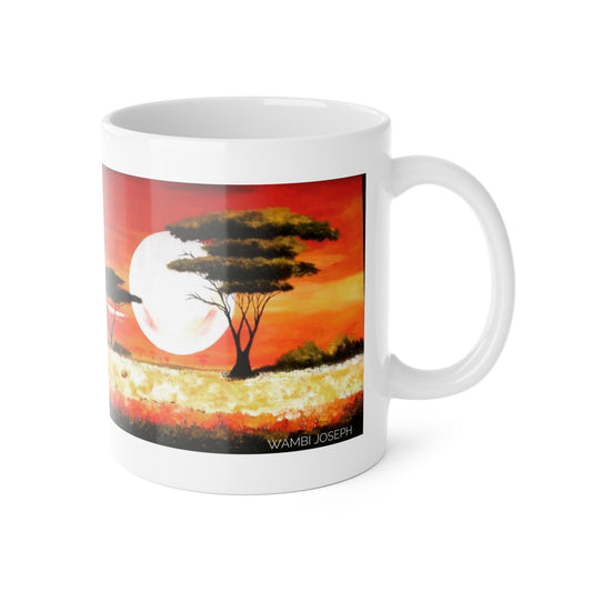 African Artwork, "Moon Lit Savannah"  by African Artist, Wambi Joseph on a White Ceramic Coffee Mug, 11oz