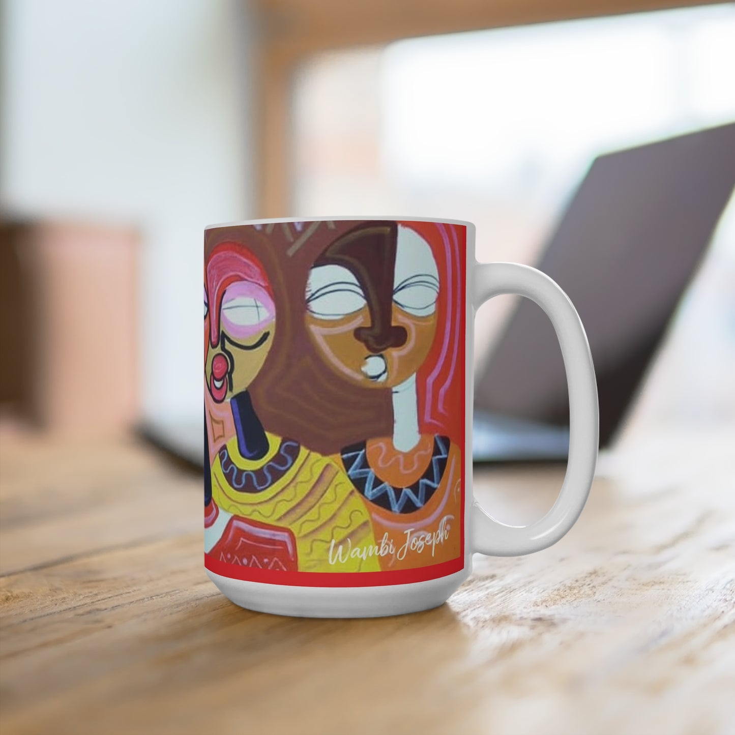 African Folk Art Ceramic Coffee Mug 15oz Artwork done by African Artist, Wambi Joseph