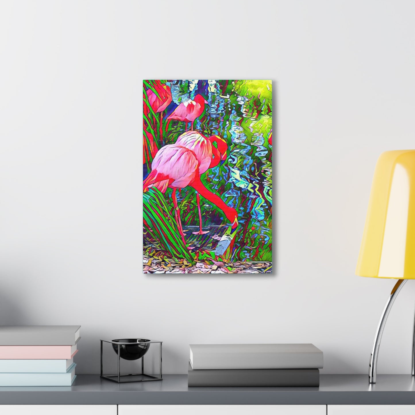 Brilliant Colorful Flamingos on Canvas Gallery Wrap with Finished Back and Hanger in Multiple Sizes