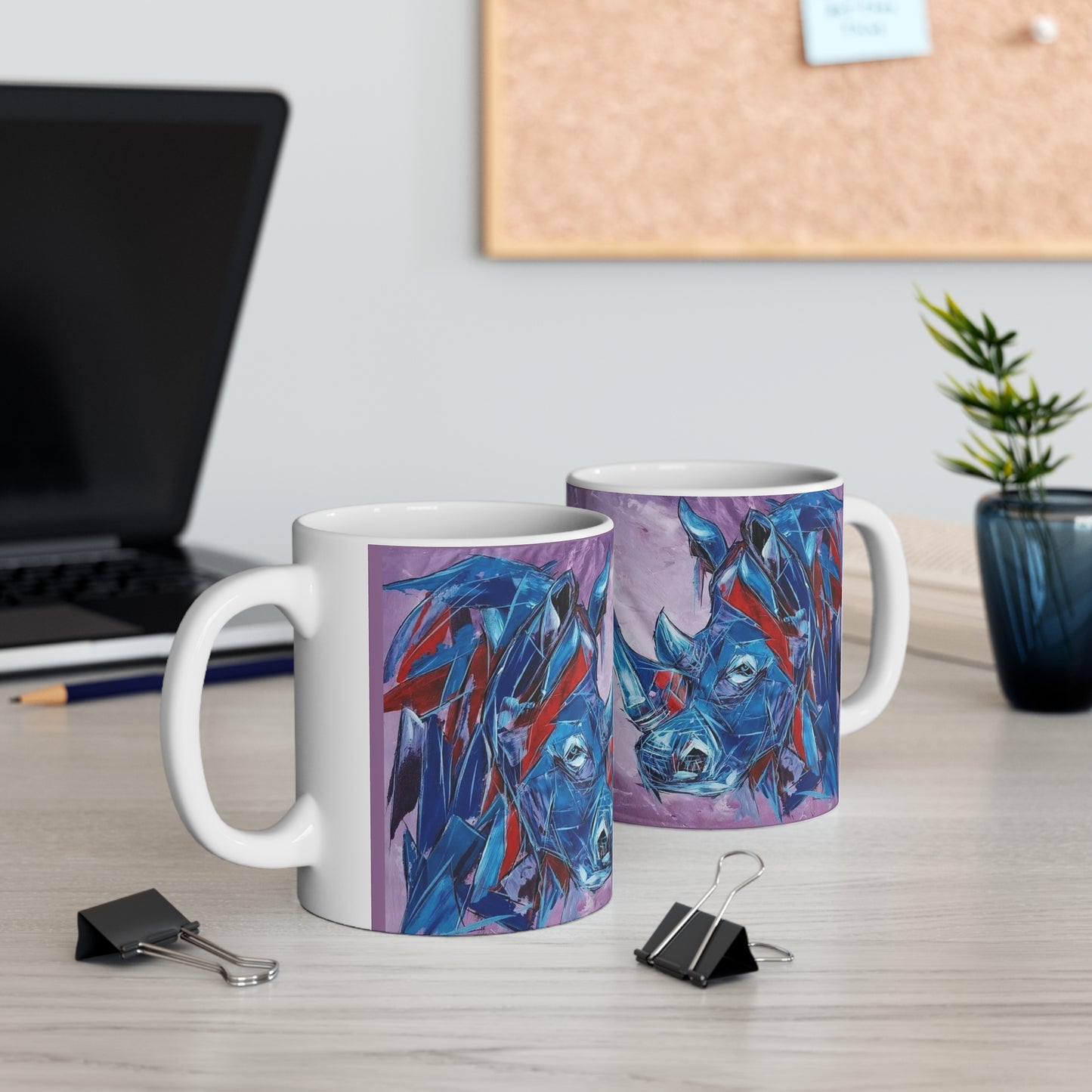 "Blue Rhino" African Artwork by Wambi Joseph on a Ceramic Mug 11oz