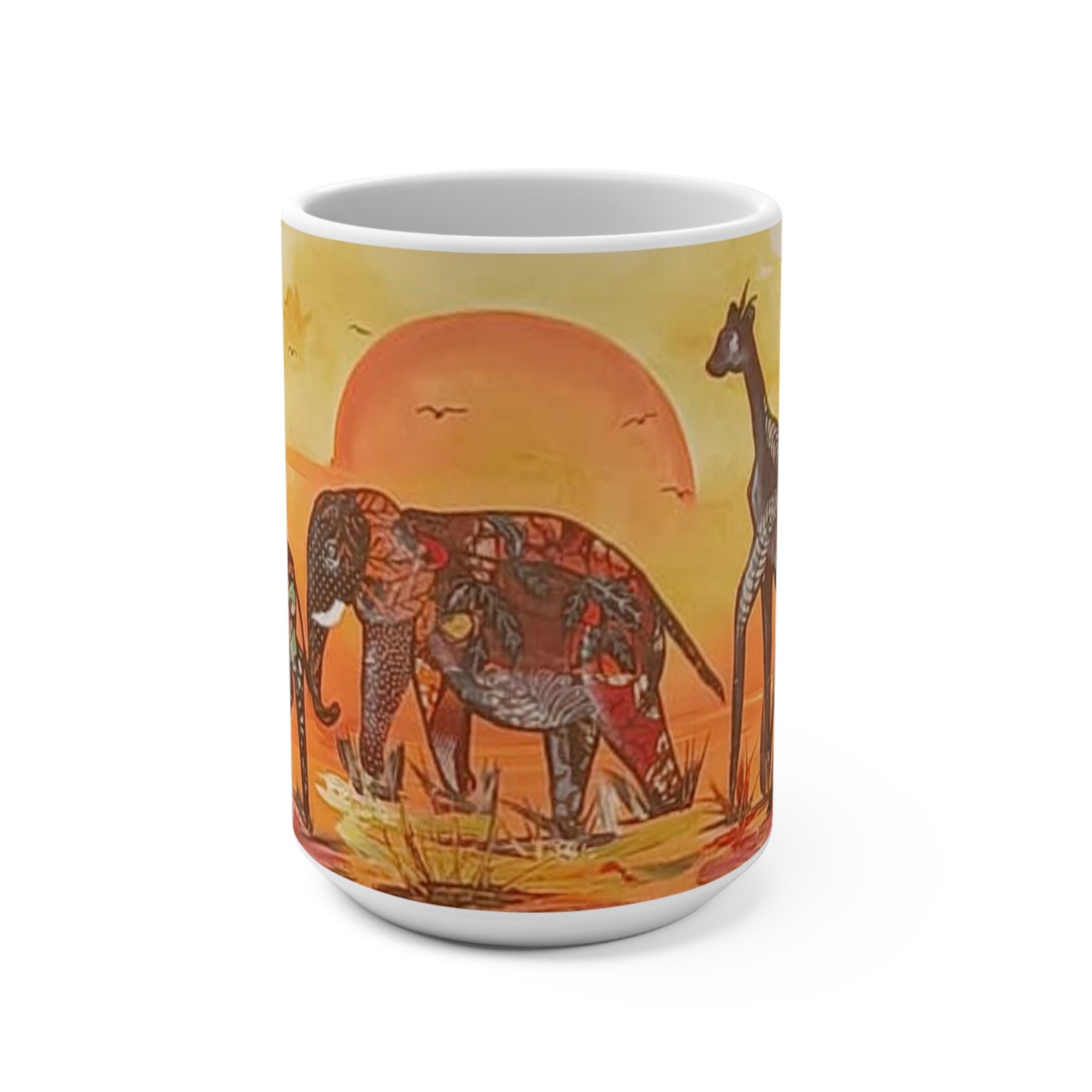 African Savannah Animal Ceramic Coffee Mug 15oz with Elephants and Giraffes, orange setting