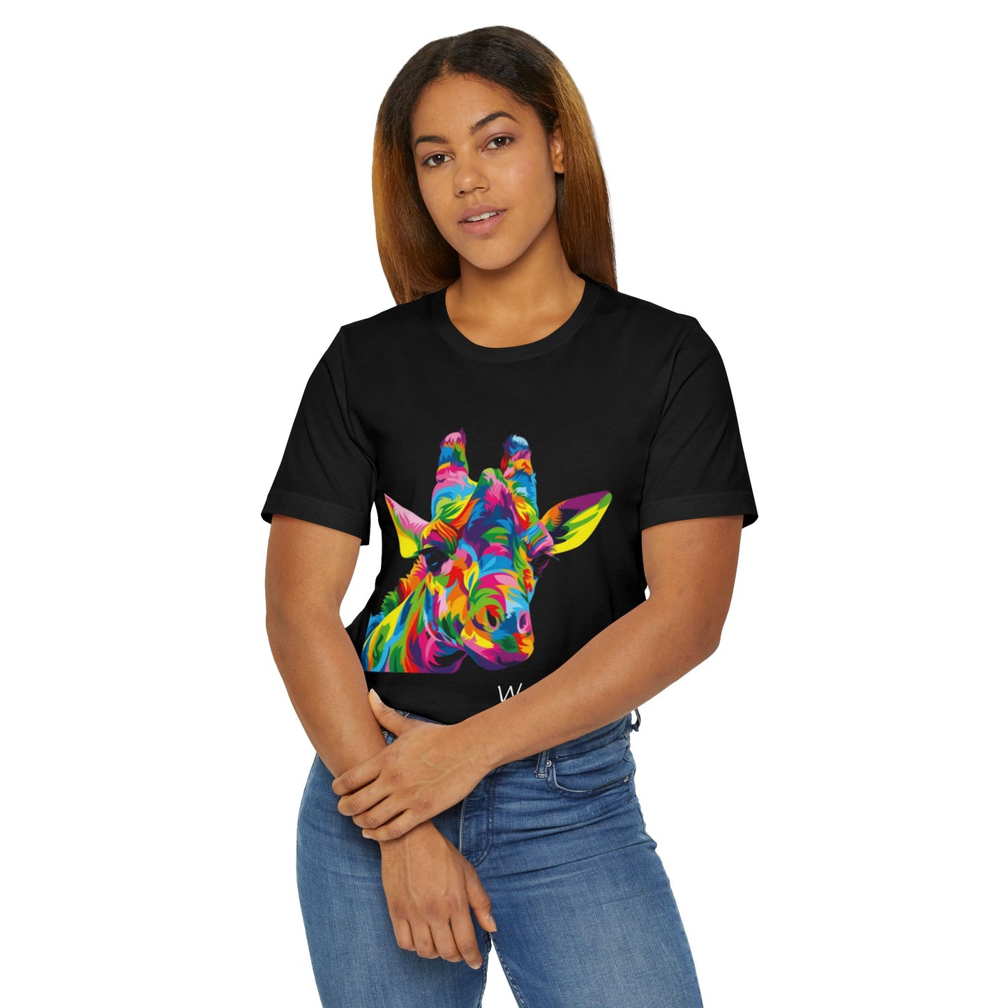 Colorful Giraffe Wambi Art on a Unisex Jersey T-Shirt