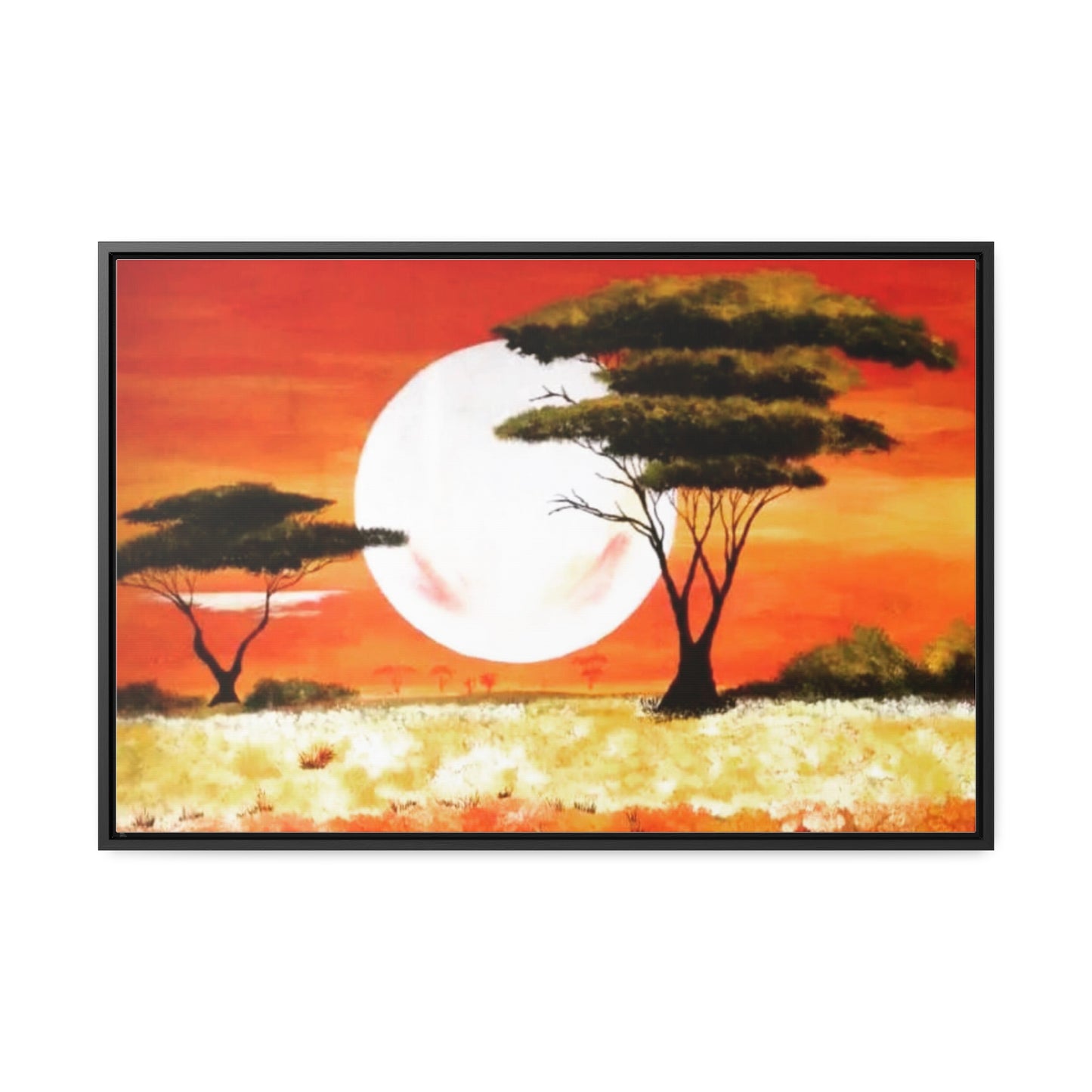 "Moon Lit Savannah" African Wall Art on Canvas, Framed Artwork created and designed by African Artist, Wambi Joseph