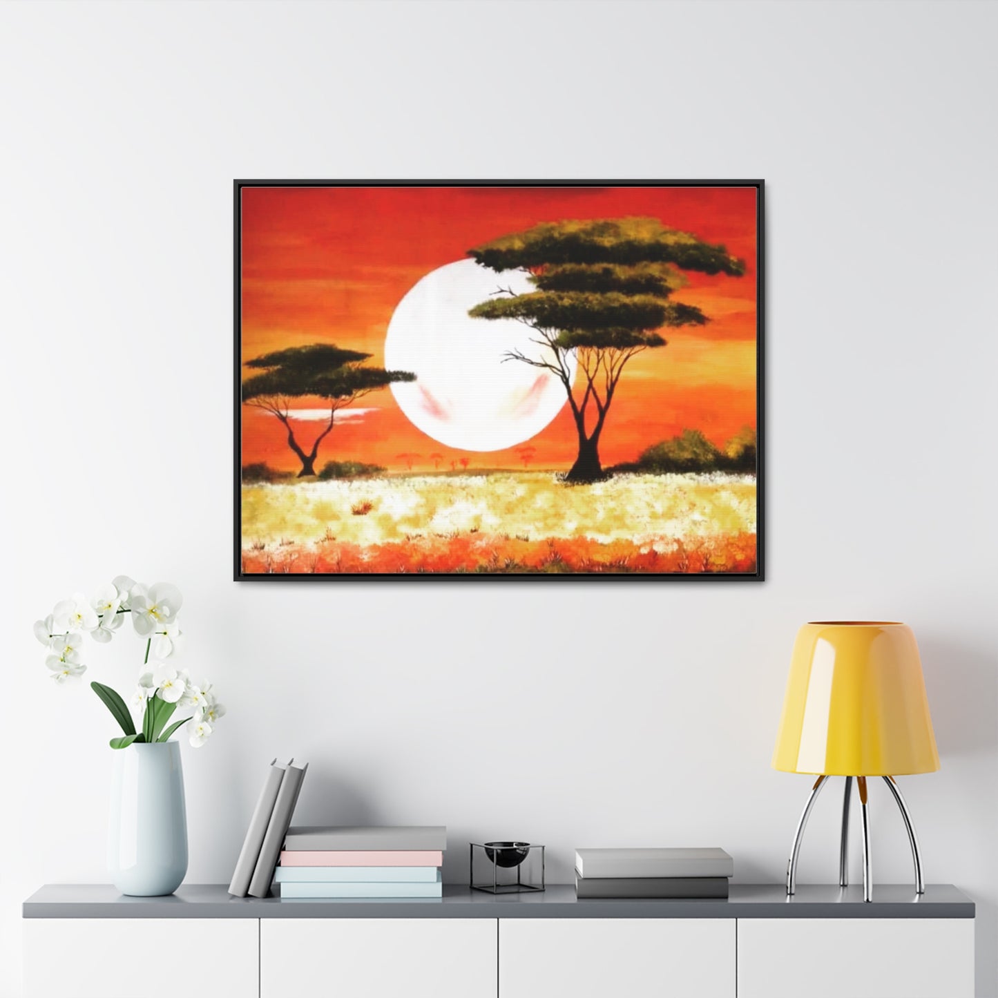 "Moon Lit Savannah" African Wall Art on Canvas, Framed Artwork created and designed by African Artist, Wambi Joseph