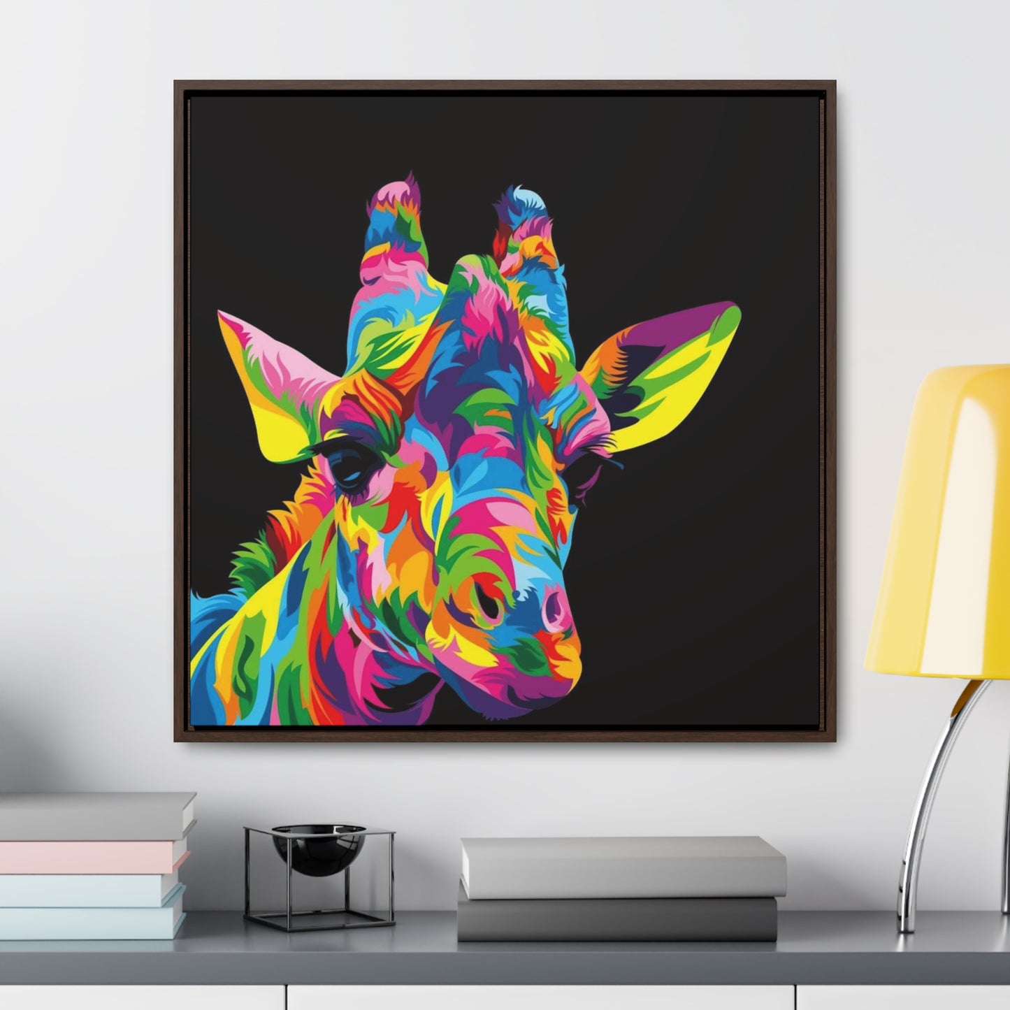 "Be Bold" Multicolored Giraffe Print on Cotton Canvas with Walnut Square Frame