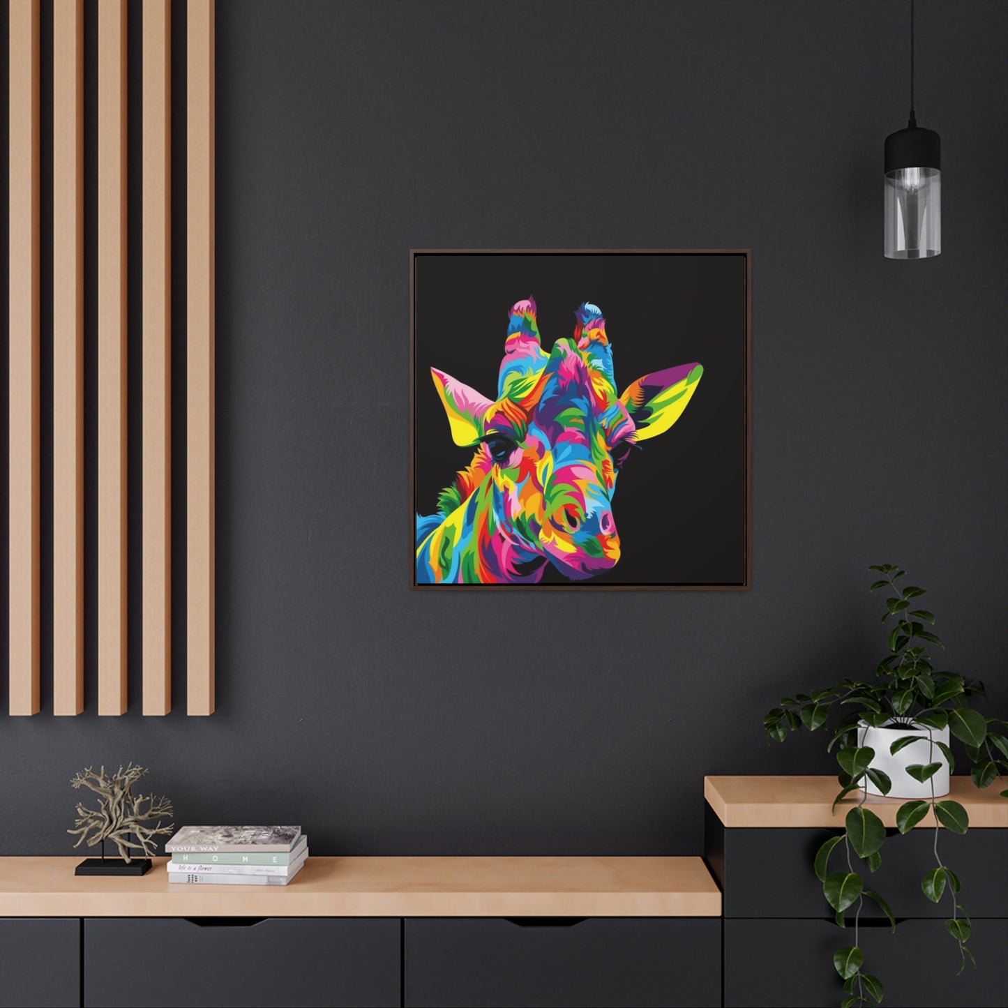 "Be Bold" Multicolored Giraffe Print on Cotton Canvas with Walnut Square Frame