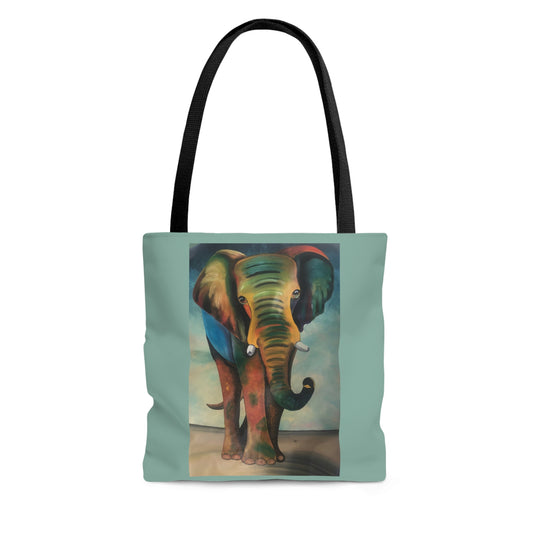 Moss Green African Elephant Tote Bag with Boxed Corners and Black Handles