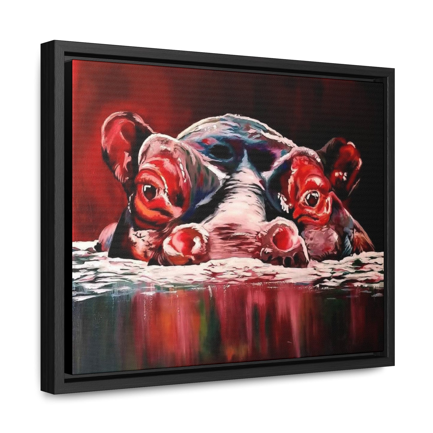 "Red Nile Hippo" African Artwork on Cotton Canvas with Frame, Artwork created and designed by African Artist, Wambi Joseph