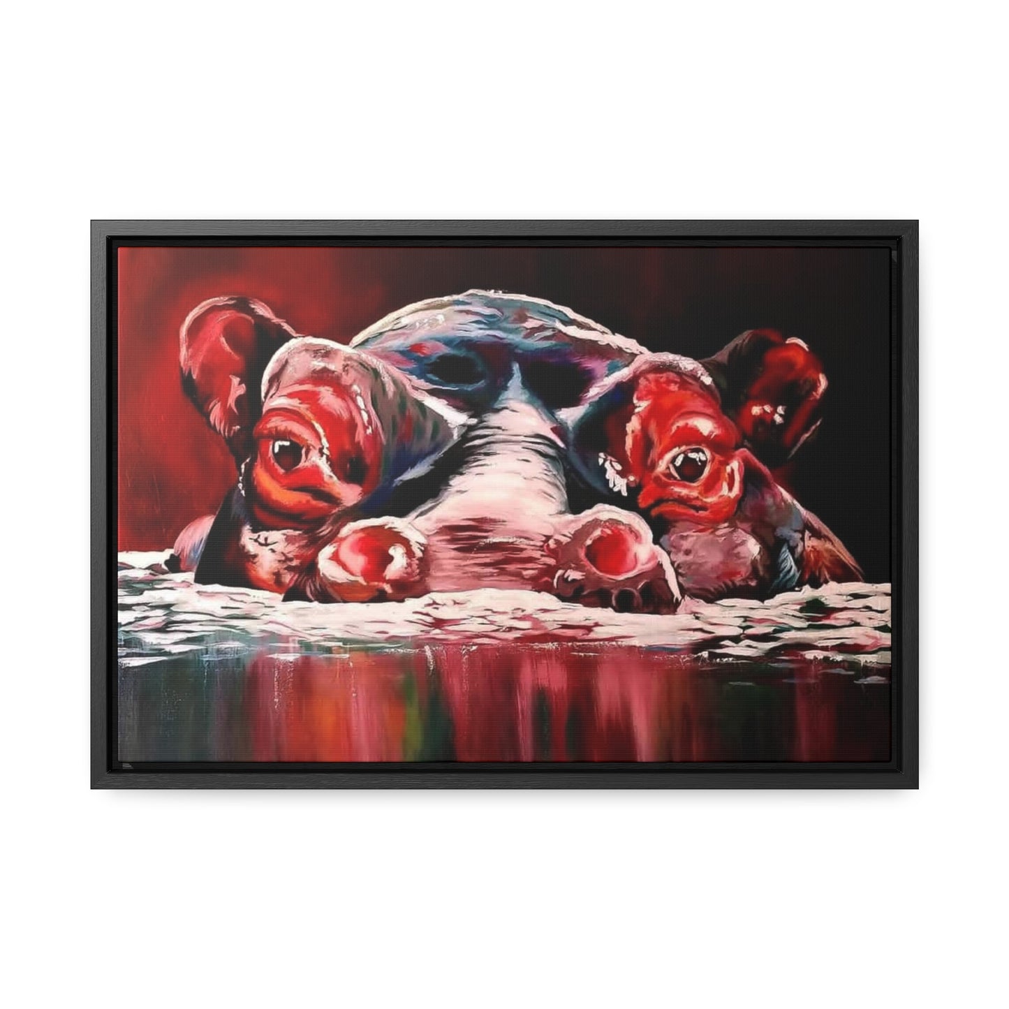 "Red Nile Hippo" African Artwork on Cotton Canvas with Frame, Artwork created and designed by African Artist, Wambi Joseph