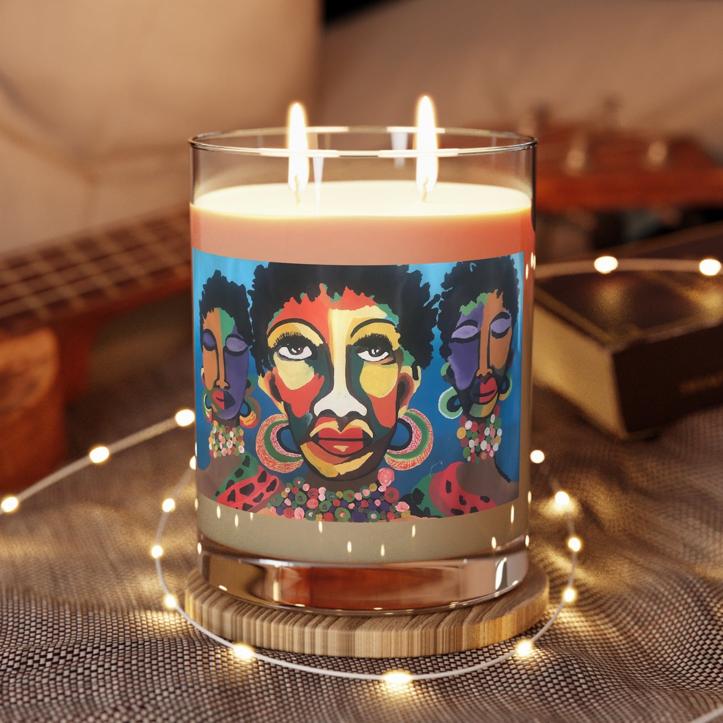 Beautifully Scented Candle - Full Glass, 11oz with "Malkia Wa Kiafrika" African Artwork designed and created by Wambi Joseph