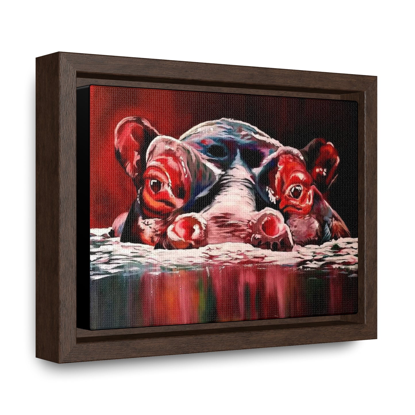 "Red Nile Hippo" African Artwork on Cotton Canvas with Frame, Artwork created and designed by African Artist, Wambi Joseph