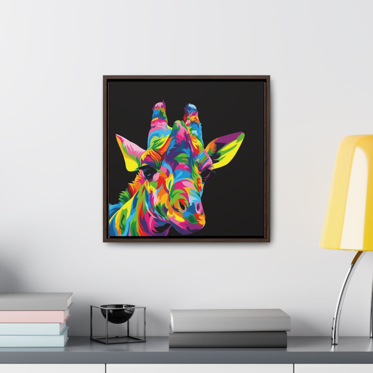 "Be Bold" Multicolored Giraffe Print on Cotton Canvas with Walnut Square Frame