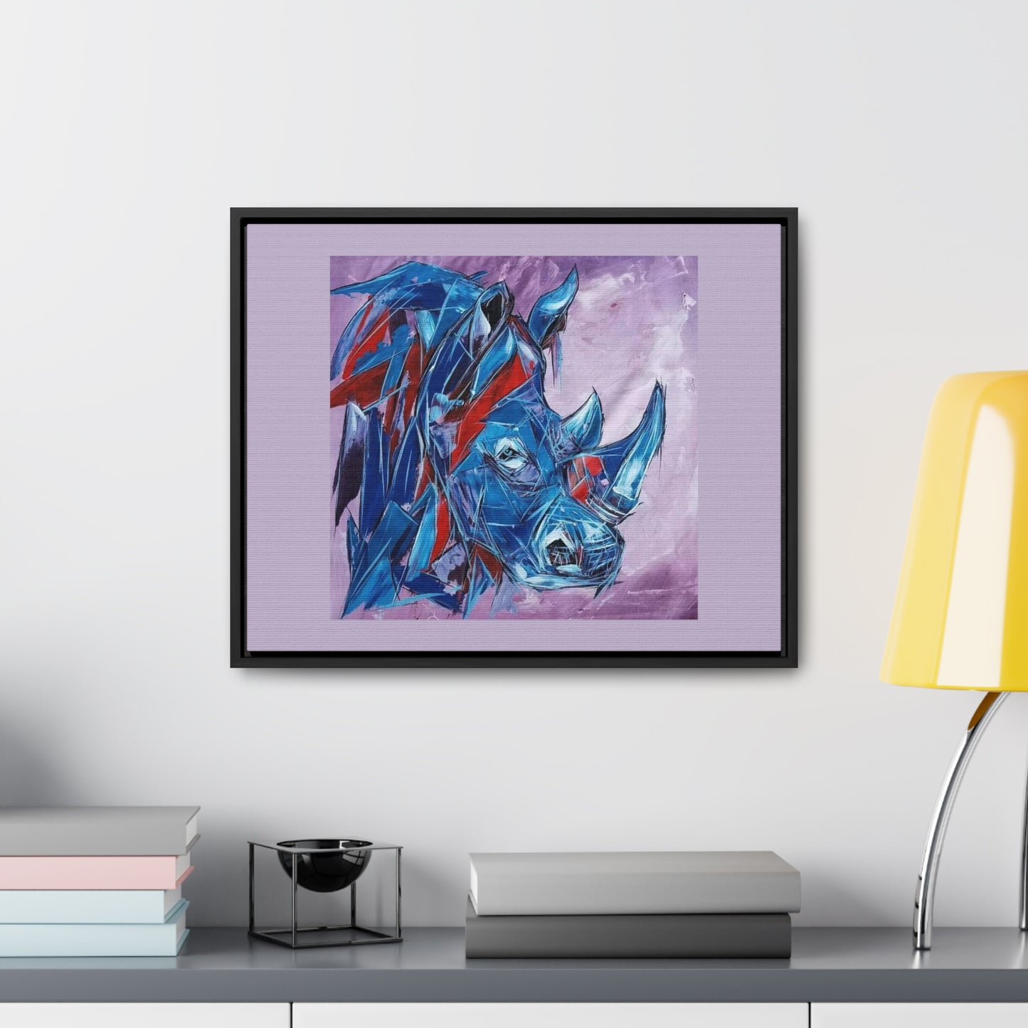 Blue African Rhino on Cotton Canvas with wood Framed, created and designed by African Artist Wambi Joseph