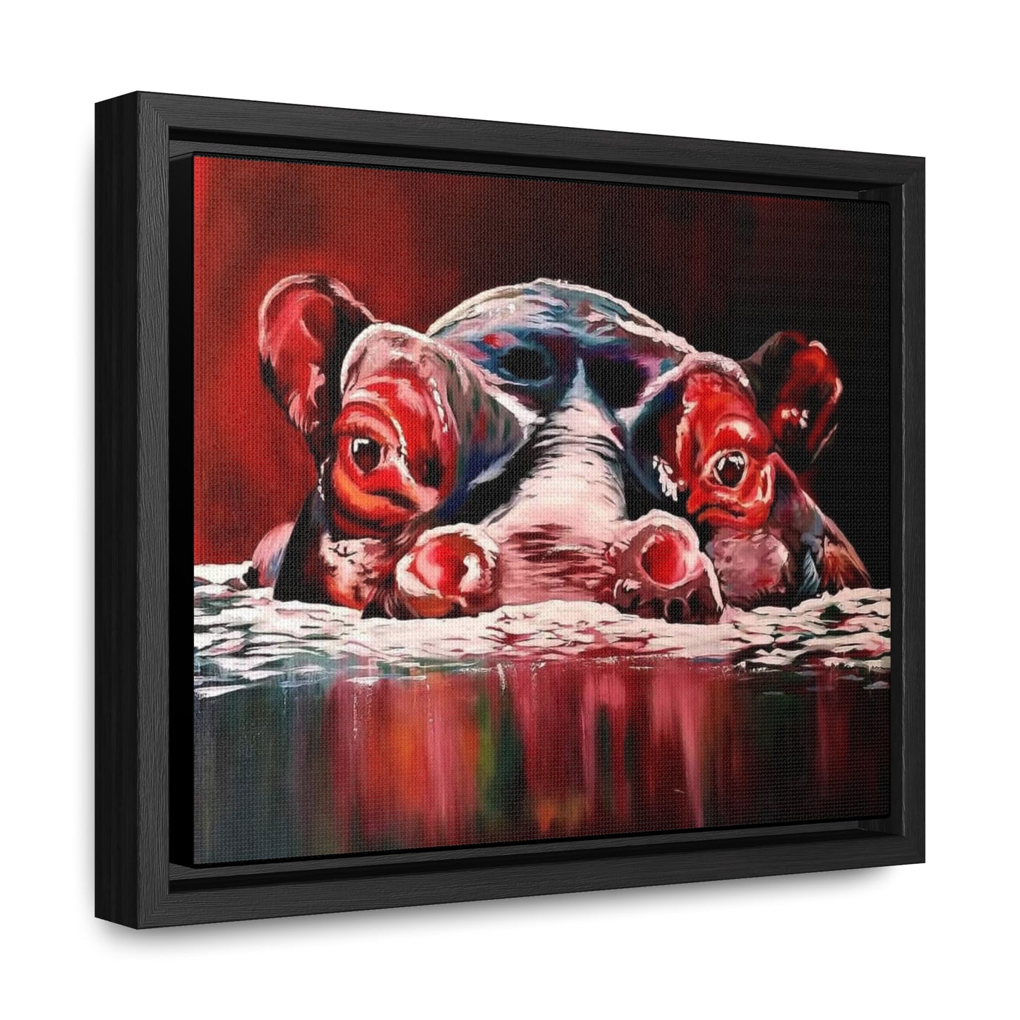 "Red Nile Hippo" African Artwork on Cotton Canvas with Frame, Artwork created and designed by African Artist, Wambi Joseph