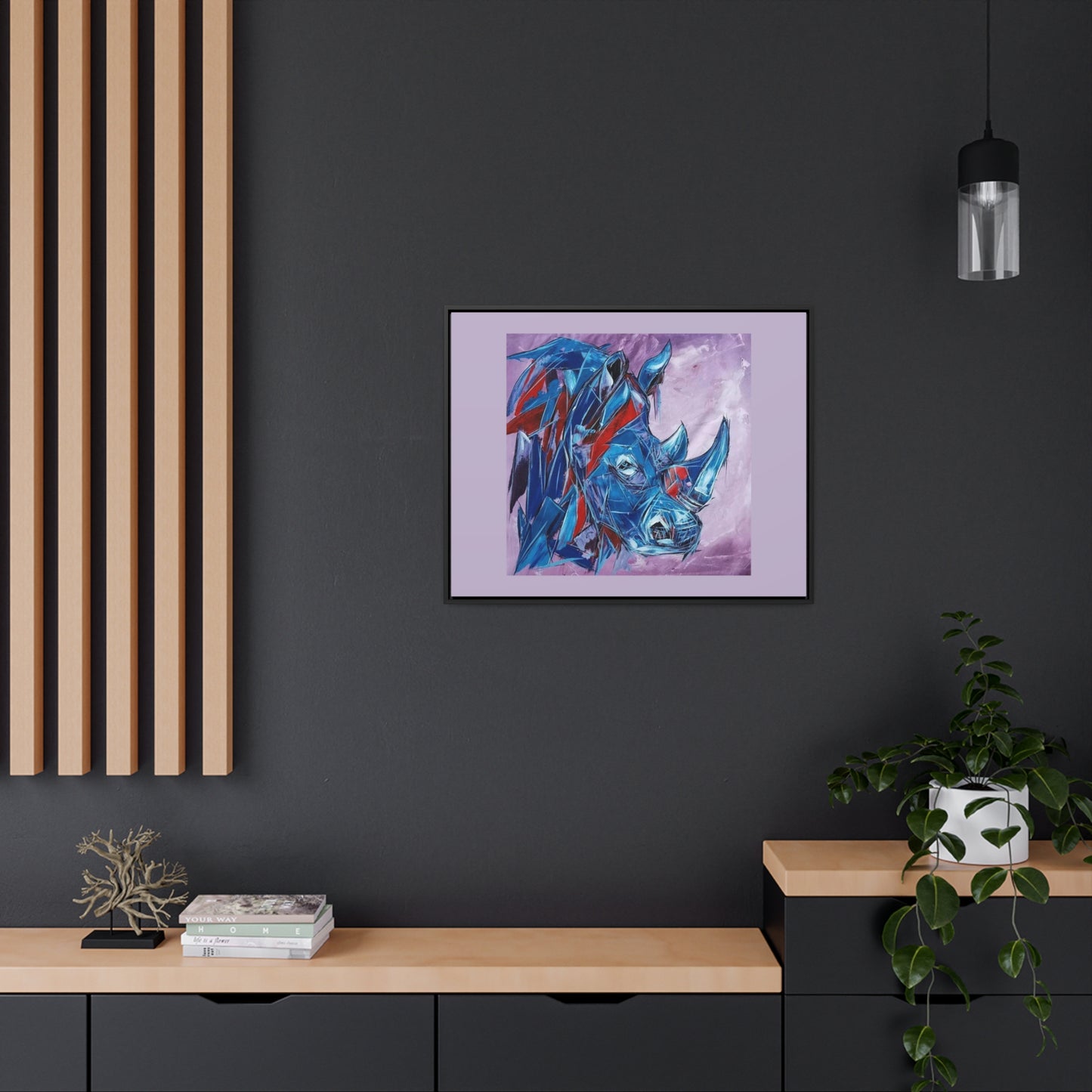 Blue African Rhino on Cotton Canvas with wood Framed, created and designed by African Artist Wambi Joseph