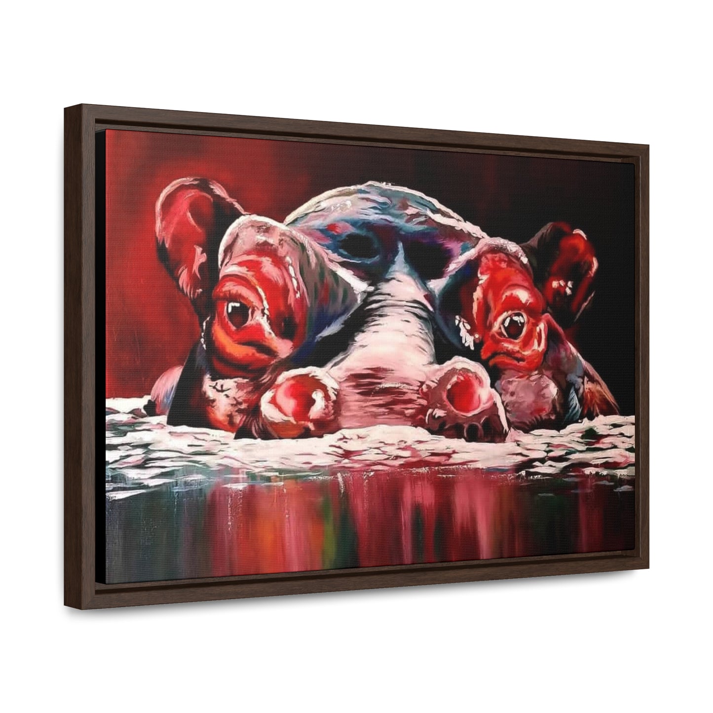 "Red Nile Hippo" African Artwork on Cotton Canvas with Frame, Artwork created and designed by African Artist, Wambi Joseph