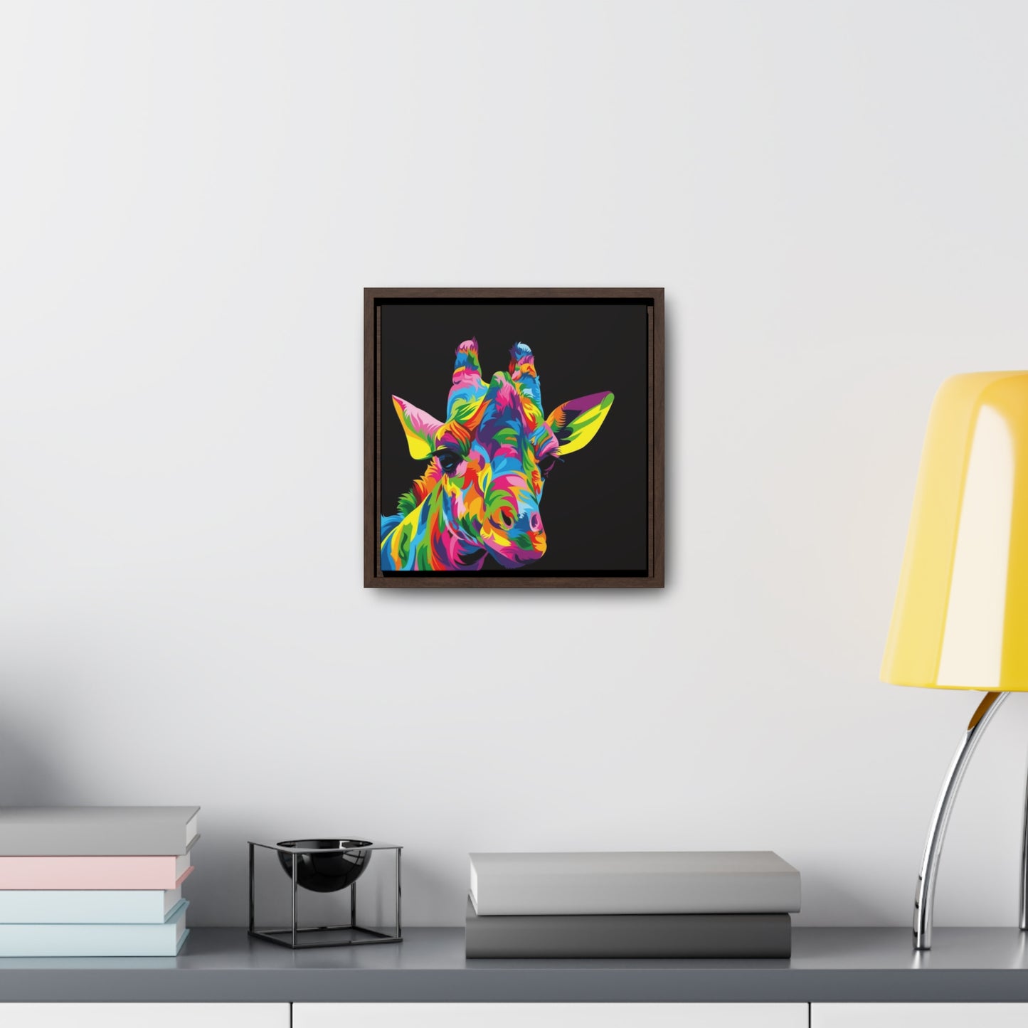 "Be Bold" Multicolored Giraffe Print on Cotton Canvas with Walnut Square Frame