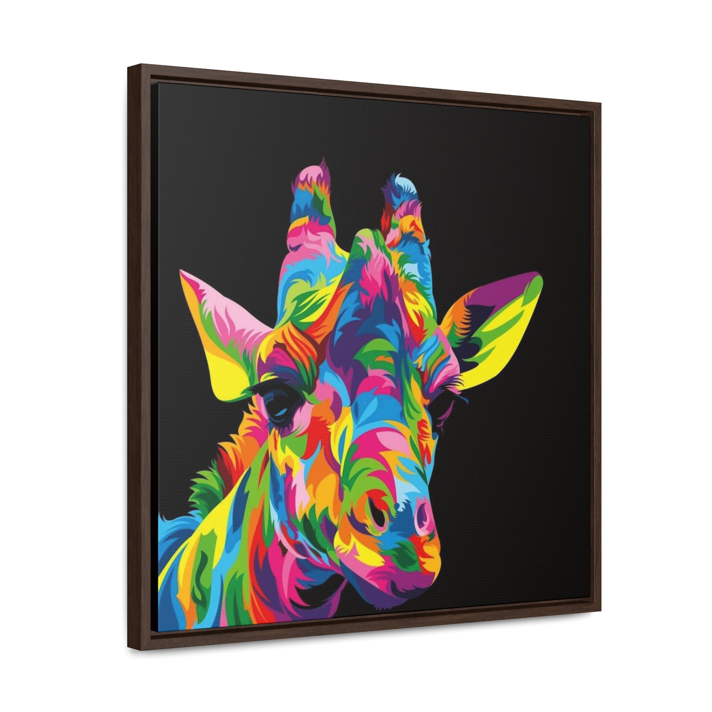 "Be Bold" Multicolored Giraffe Print on Cotton Canvas with Walnut Square Frame