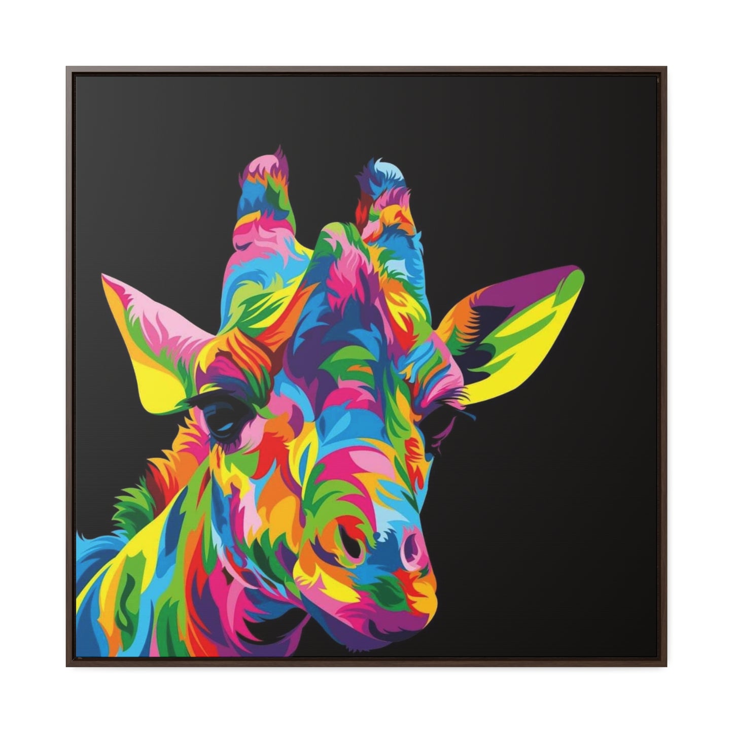 "Be Bold" Multicolored Giraffe Print on Cotton Canvas with Walnut Square Frame