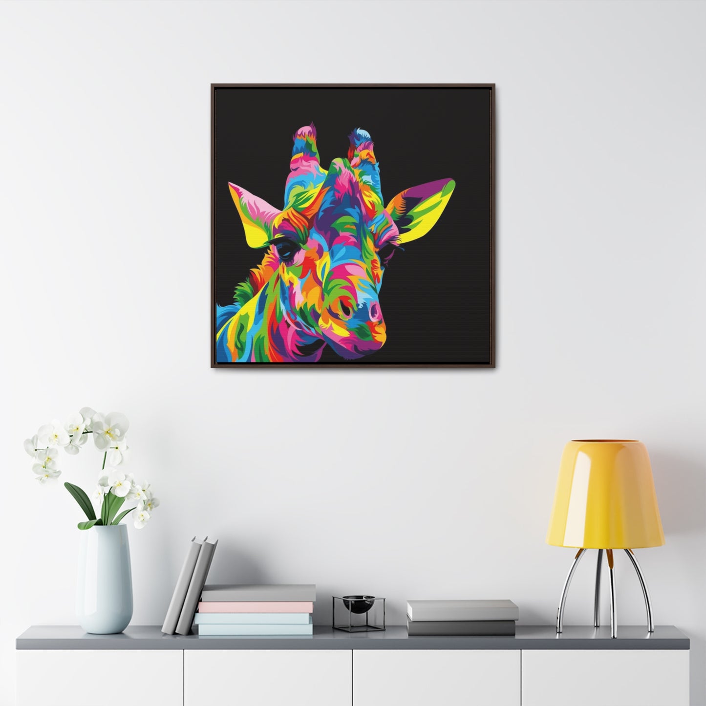 "Be Bold" Multicolored Giraffe Print on Cotton Canvas with Walnut Square Frame