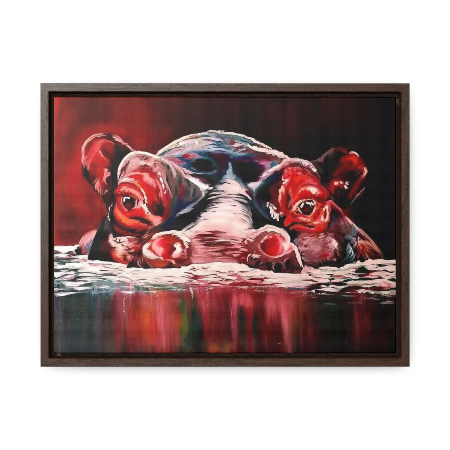 "Red Nile Hippo" African Artwork on Cotton Canvas with Frame, Artwork created and designed by African Artist, Wambi Joseph