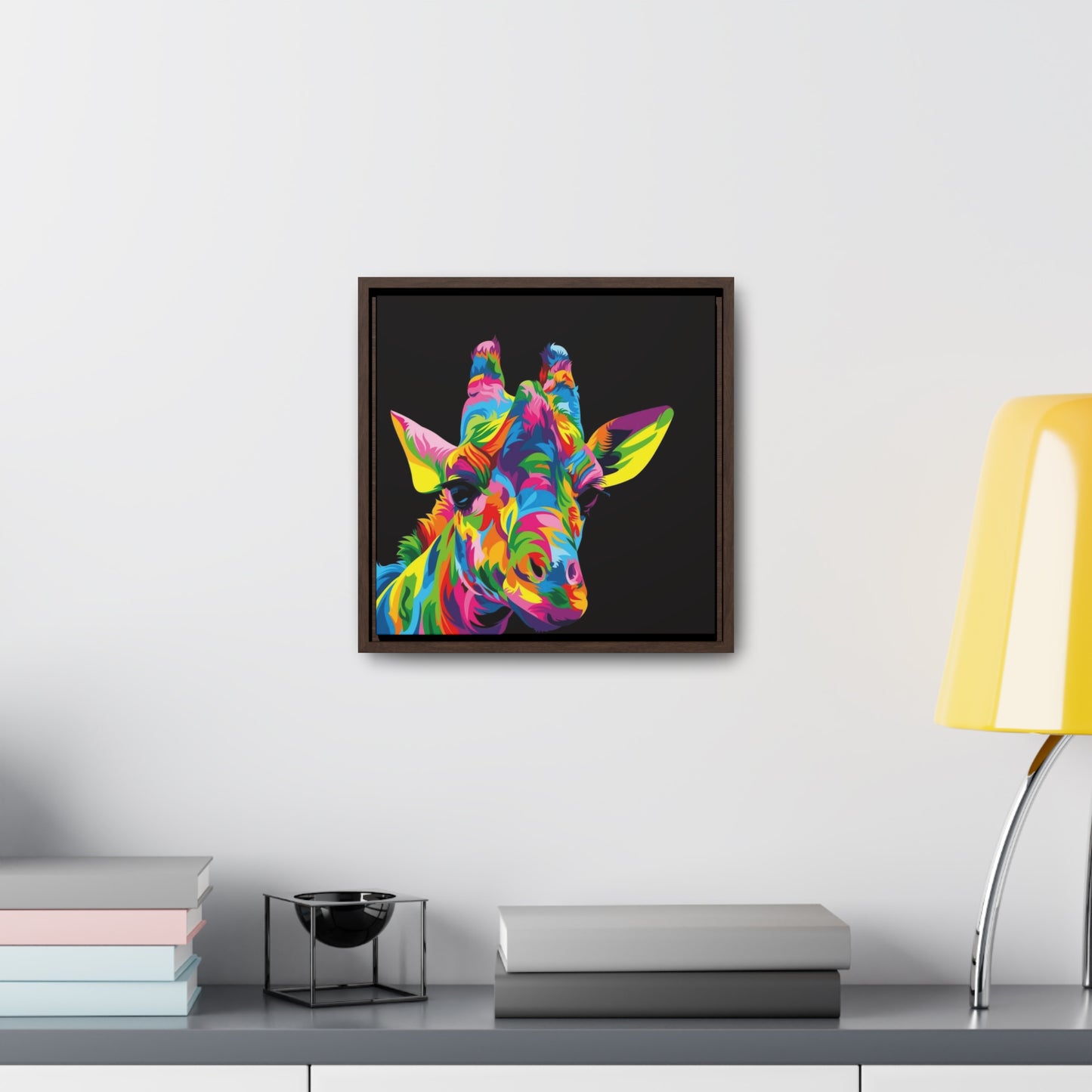 "Be Bold" Multicolored Giraffe Print on Cotton Canvas with Walnut Square Frame