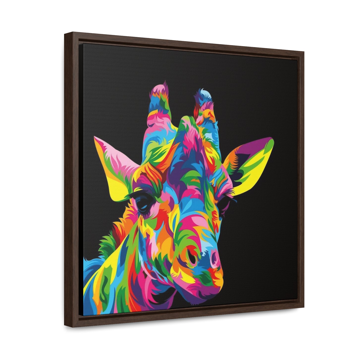 "Be Bold" Multicolored Giraffe Print on Cotton Canvas with Walnut Square Frame