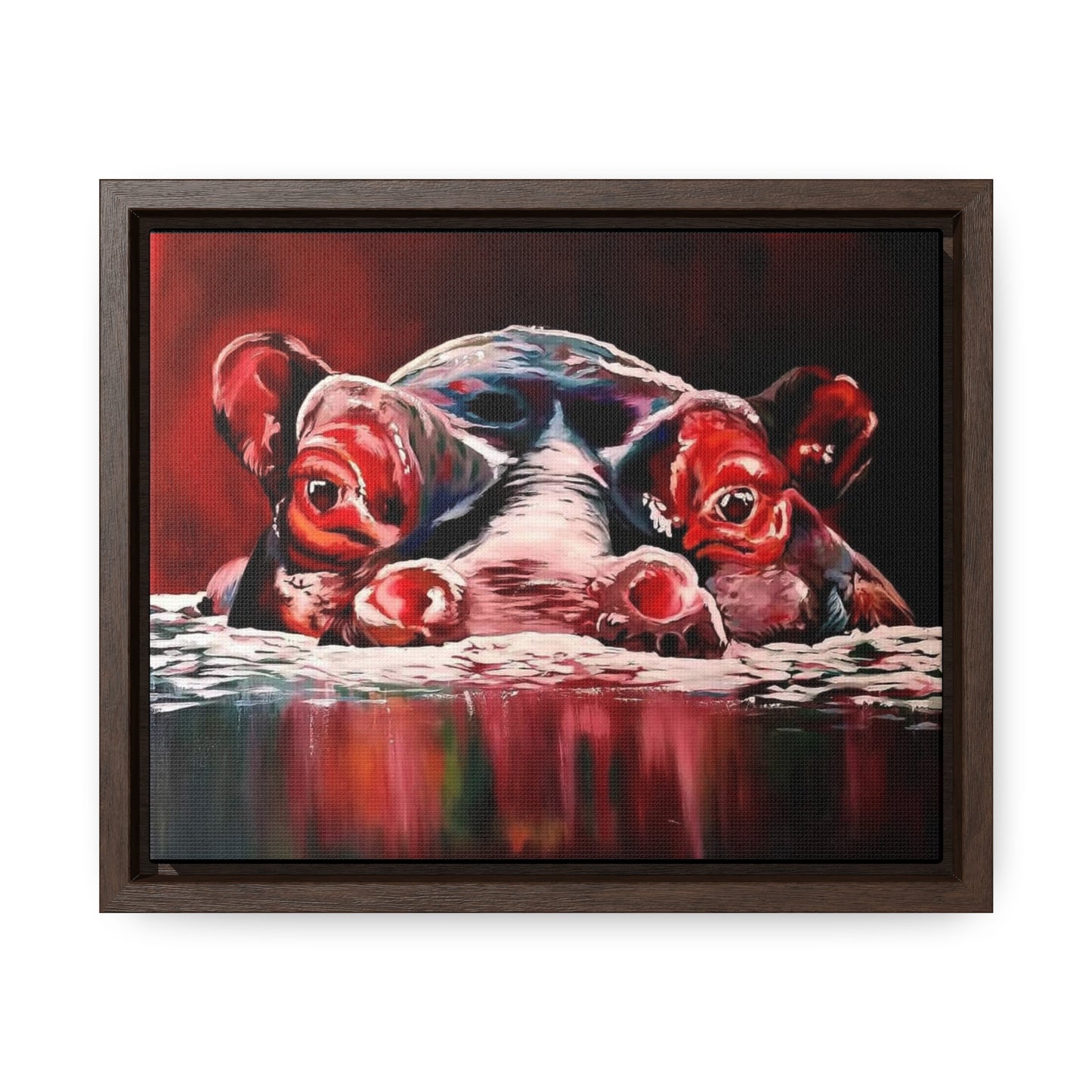 "Red Nile Hippo" African Artwork on Cotton Canvas with Frame, Artwork created and designed by African Artist, Wambi Joseph