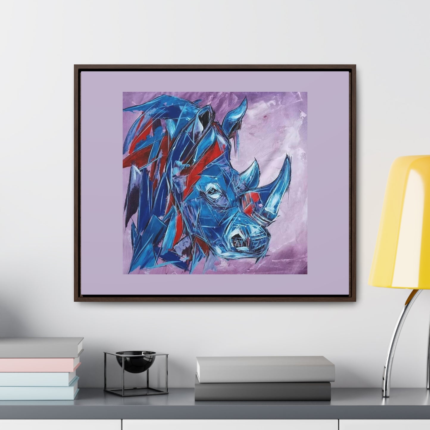 Blue African Rhino on Cotton Canvas with wood Framed, created and designed by African Artist Wambi Joseph