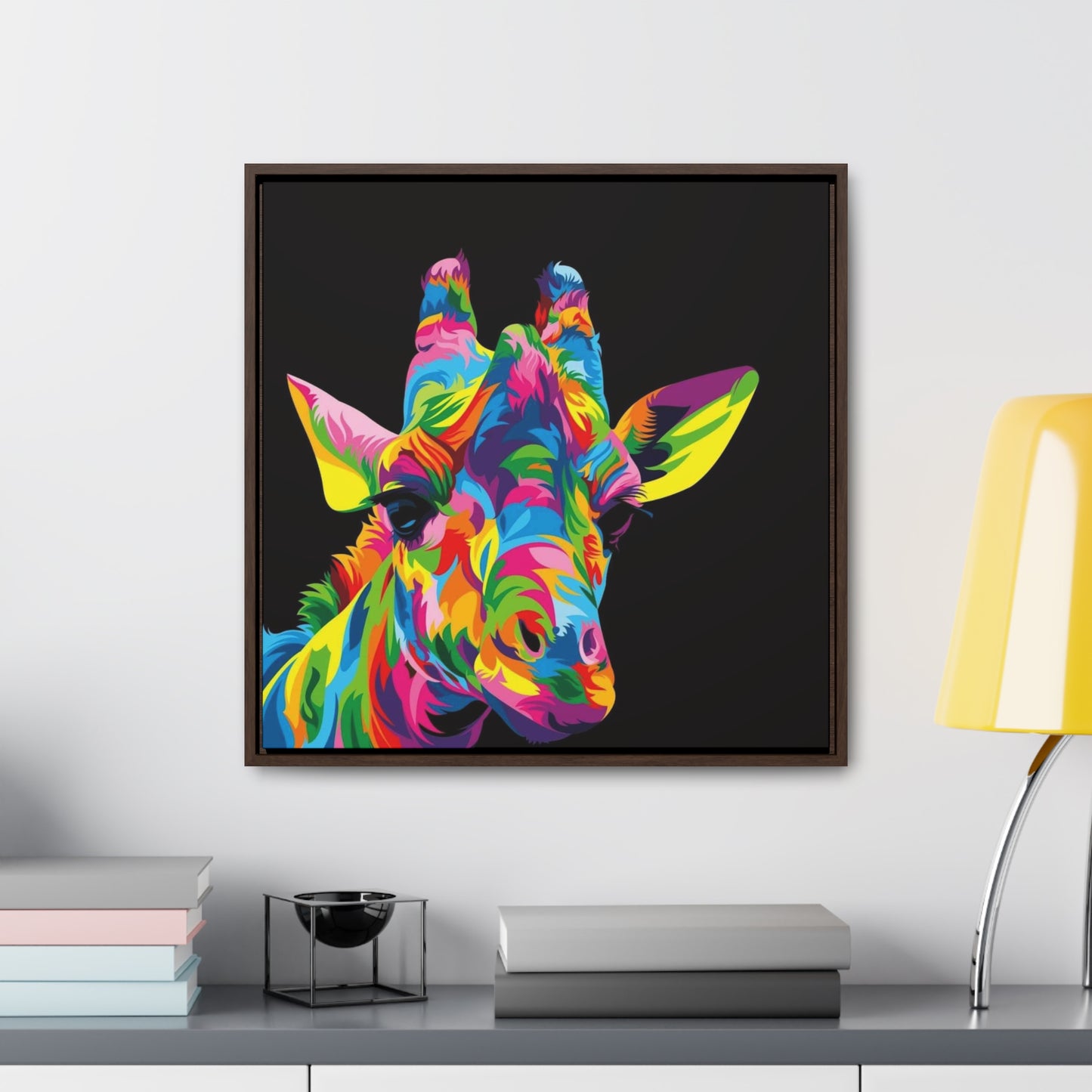 "Be Bold" Multicolored Giraffe Print on Cotton Canvas with Walnut Square Frame