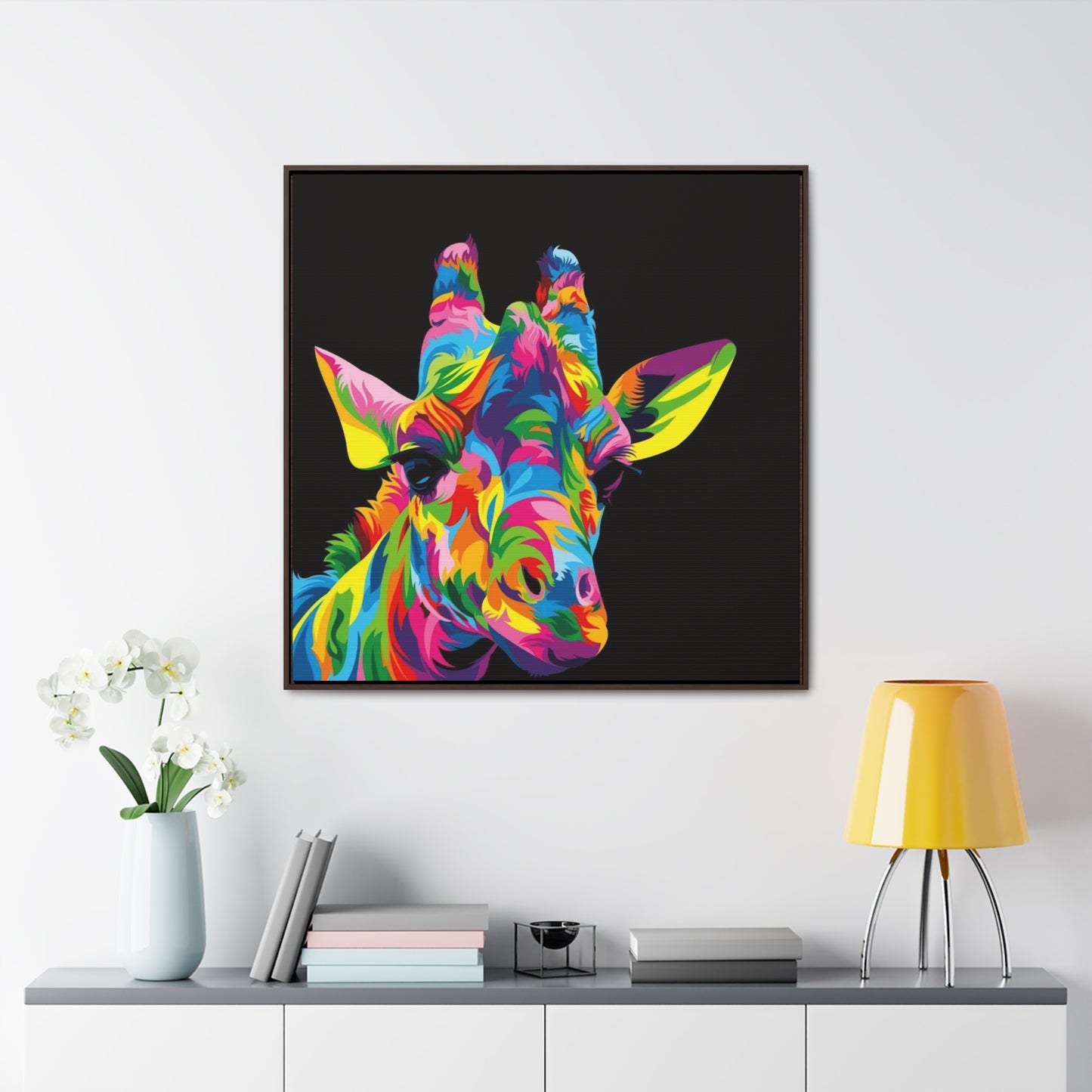 "Be Bold" Multicolored Giraffe Print on Cotton Canvas with Walnut Square Frame