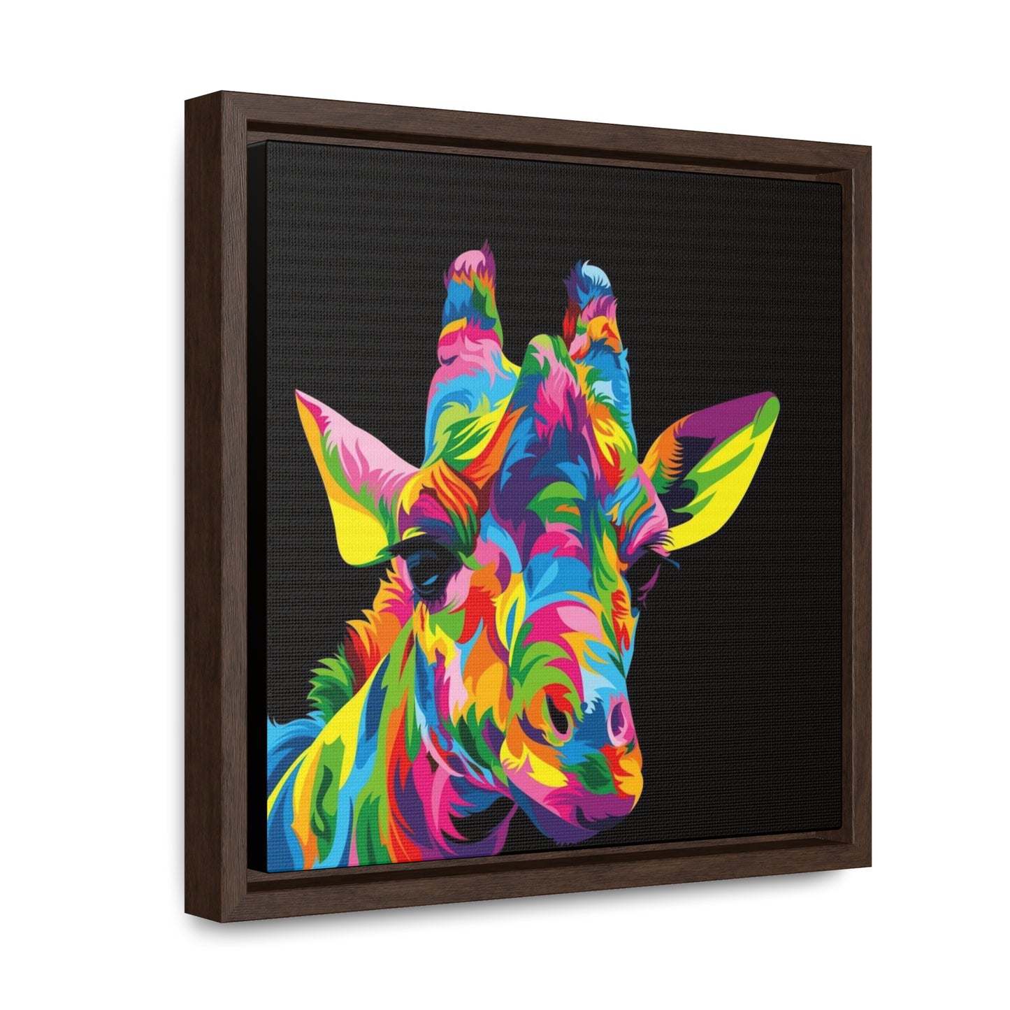 "Be Bold" Multicolored Giraffe Print on Cotton Canvas with Walnut Square Frame