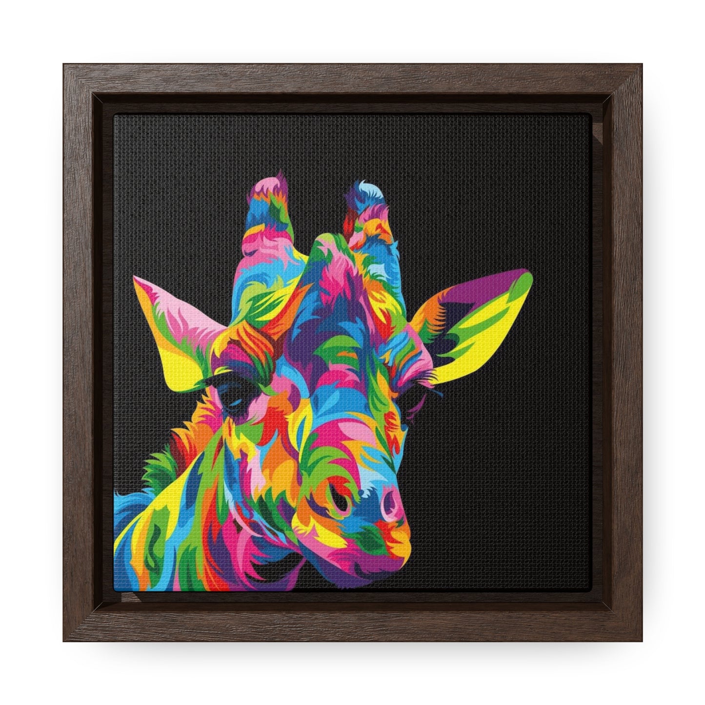 "Be Bold" Multicolored Giraffe Print on Cotton Canvas with Walnut Square Frame