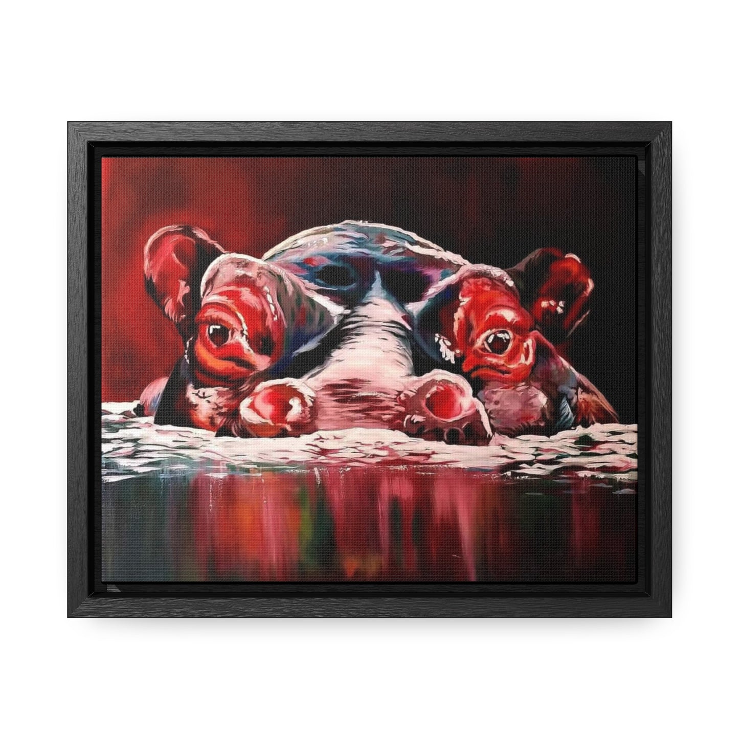 "Red Nile Hippo" African Artwork on Cotton Canvas with Frame, Artwork created and designed by African Artist, Wambi Joseph