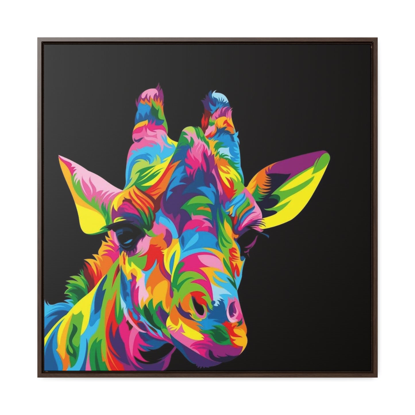 "Be Bold" Multicolored Giraffe Print on Cotton Canvas with Walnut Square Frame