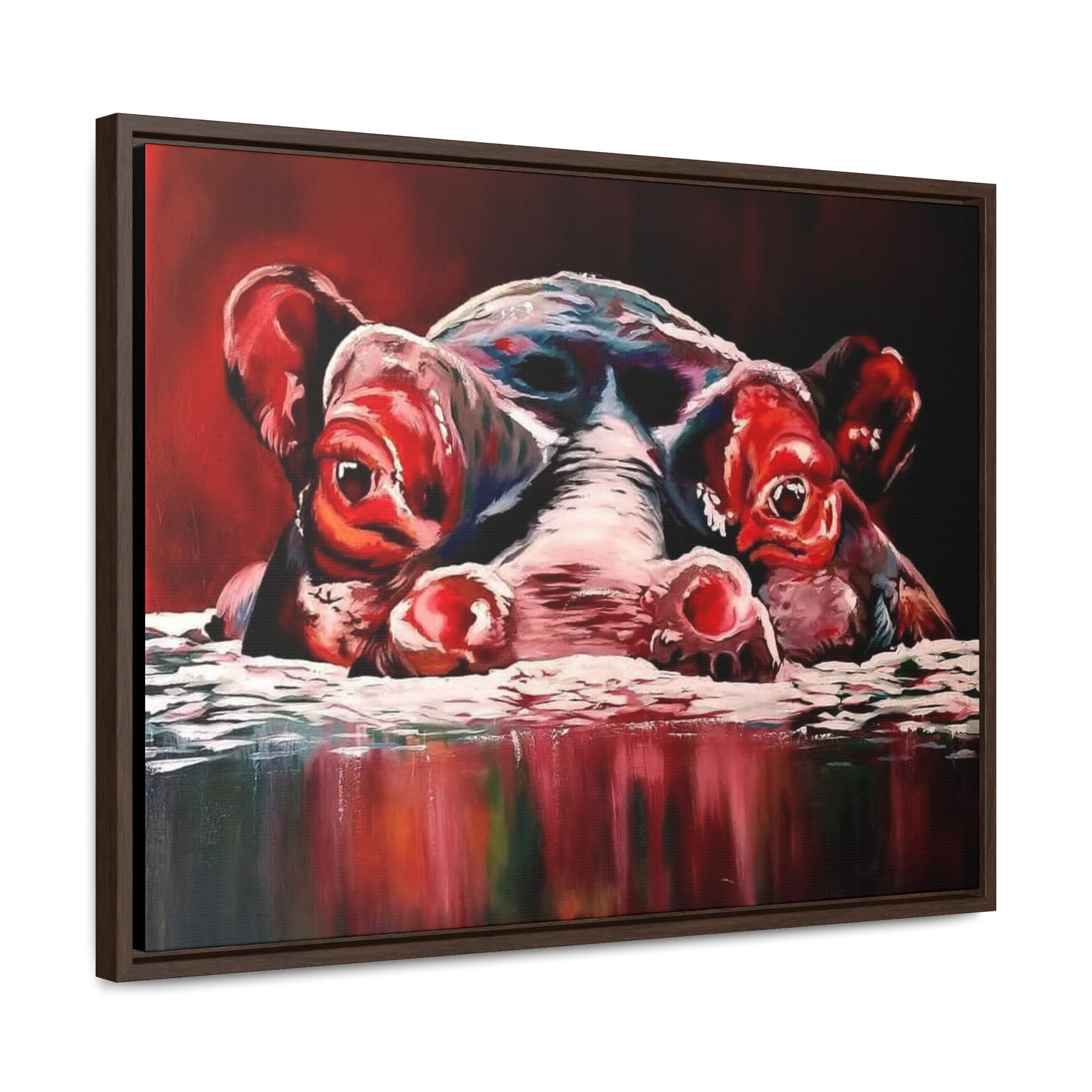 "Red Nile Hippo" African Artwork on Cotton Canvas with Frame, Artwork created and designed by African Artist, Wambi Joseph