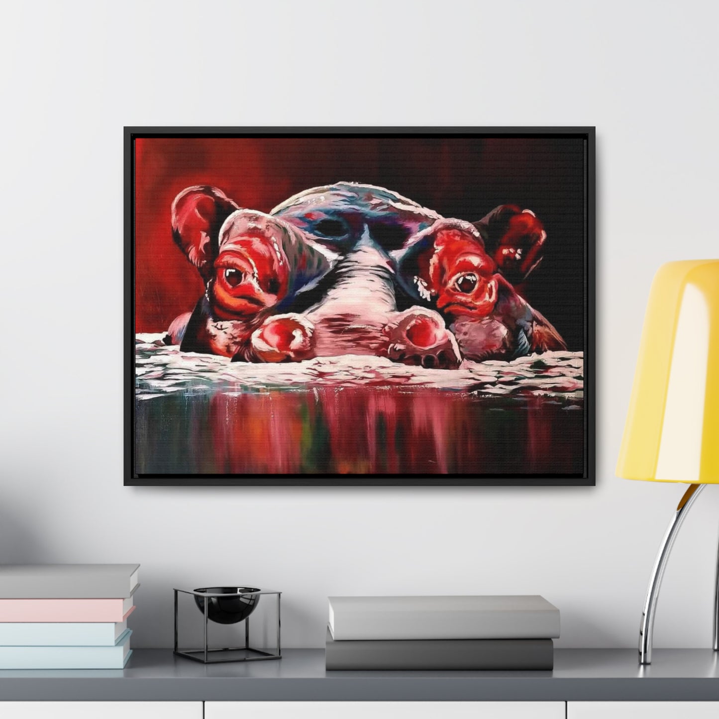 "Red Nile Hippo" African Artwork on Cotton Canvas with Frame, Artwork created and designed by African Artist, Wambi Joseph