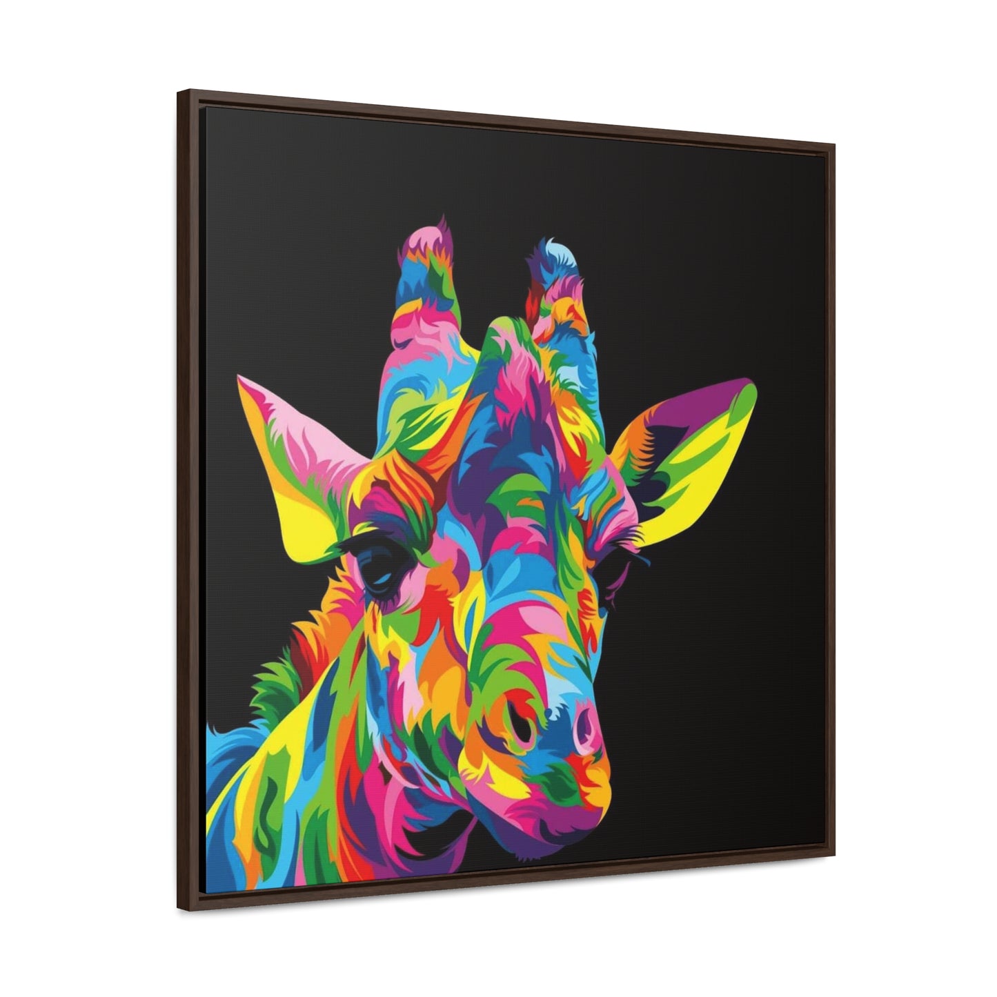 "Be Bold" Multicolored Giraffe Print on Cotton Canvas with Walnut Square Frame