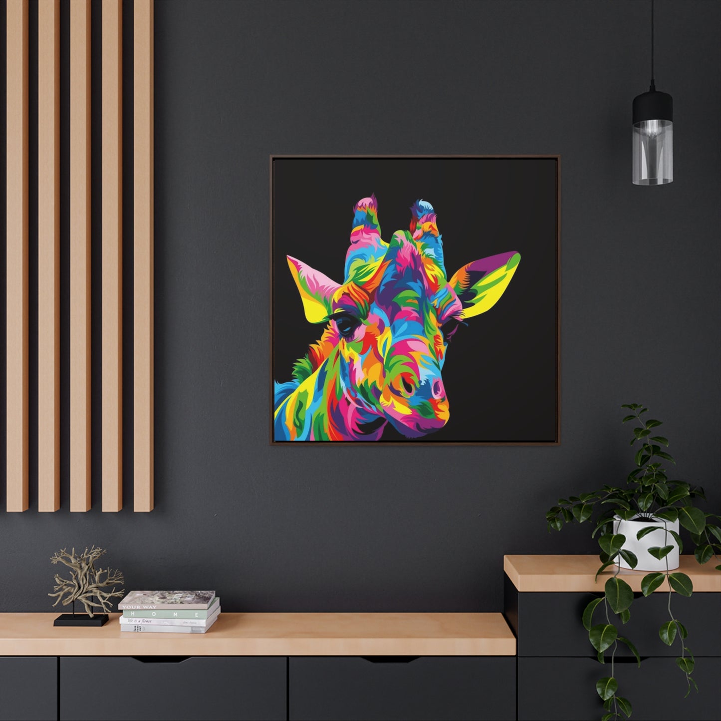 "Be Bold" Multicolored Giraffe Print on Cotton Canvas with Walnut Square Frame