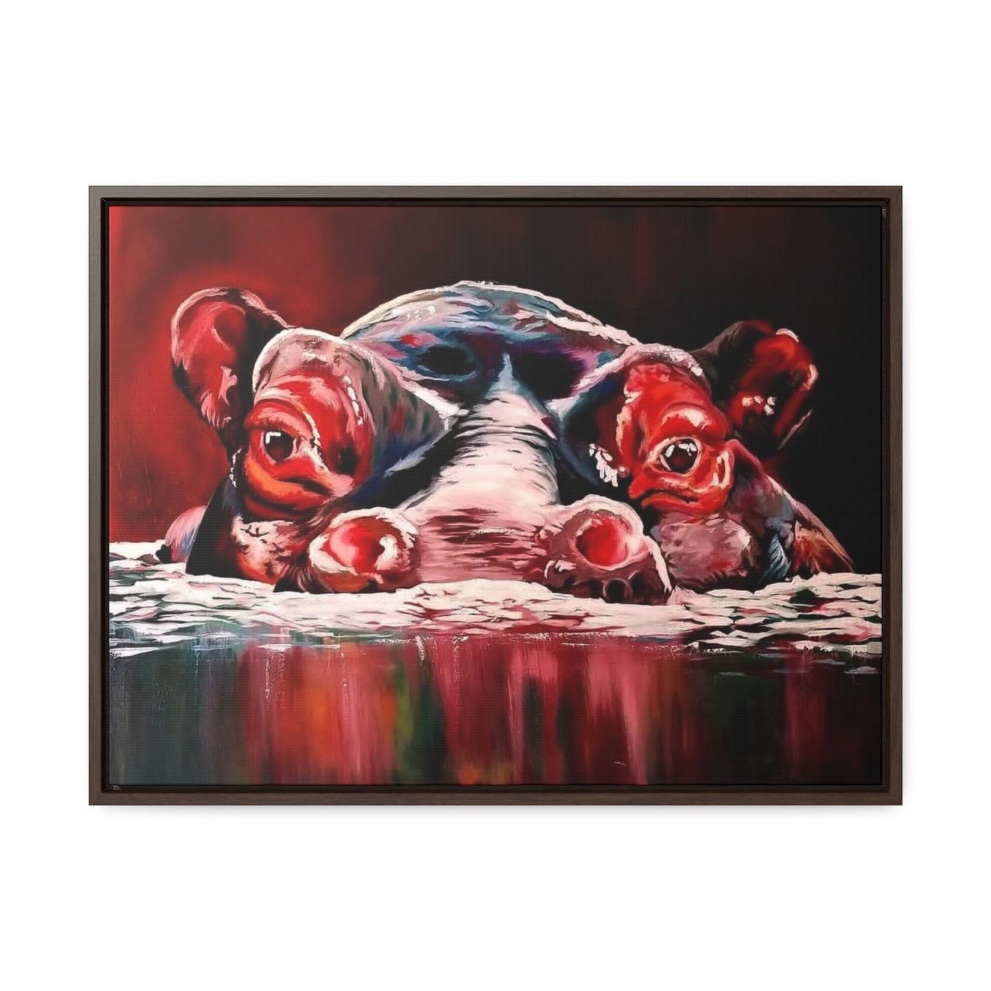 "Red Nile Hippo" African Artwork on Cotton Canvas with Frame, Artwork created and designed by African Artist, Wambi Joseph