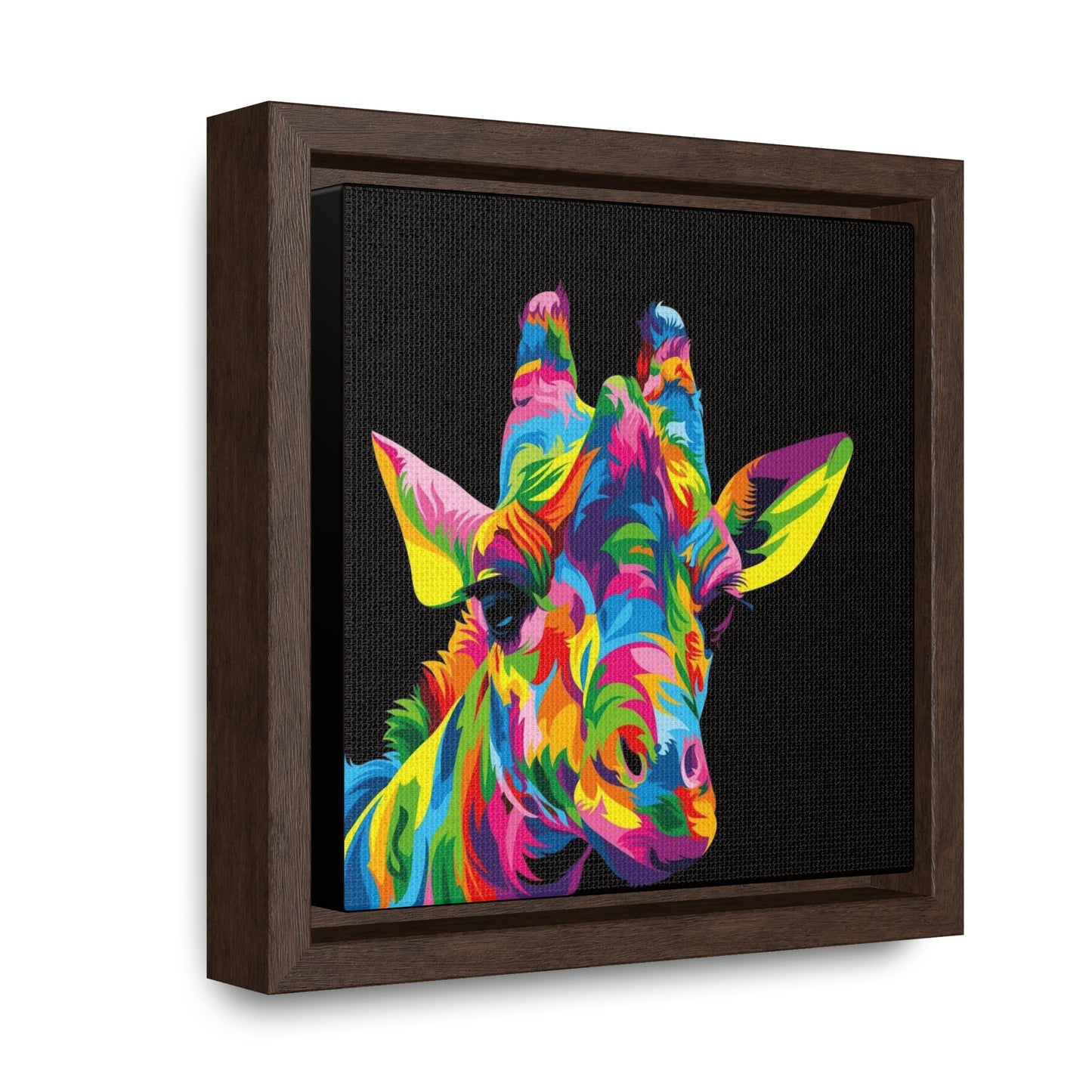 "Be Bold" Multicolored Giraffe Print on Cotton Canvas with Walnut Square Frame