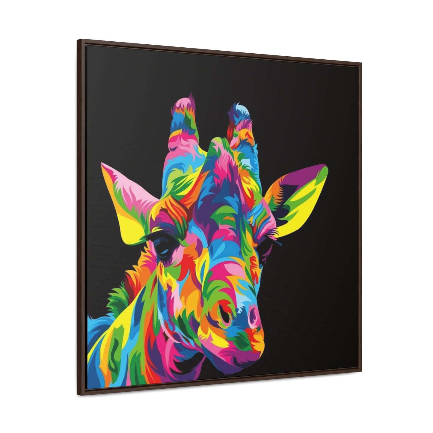 "Be Bold" Multicolored Giraffe Print on Cotton Canvas with Walnut Square Frame