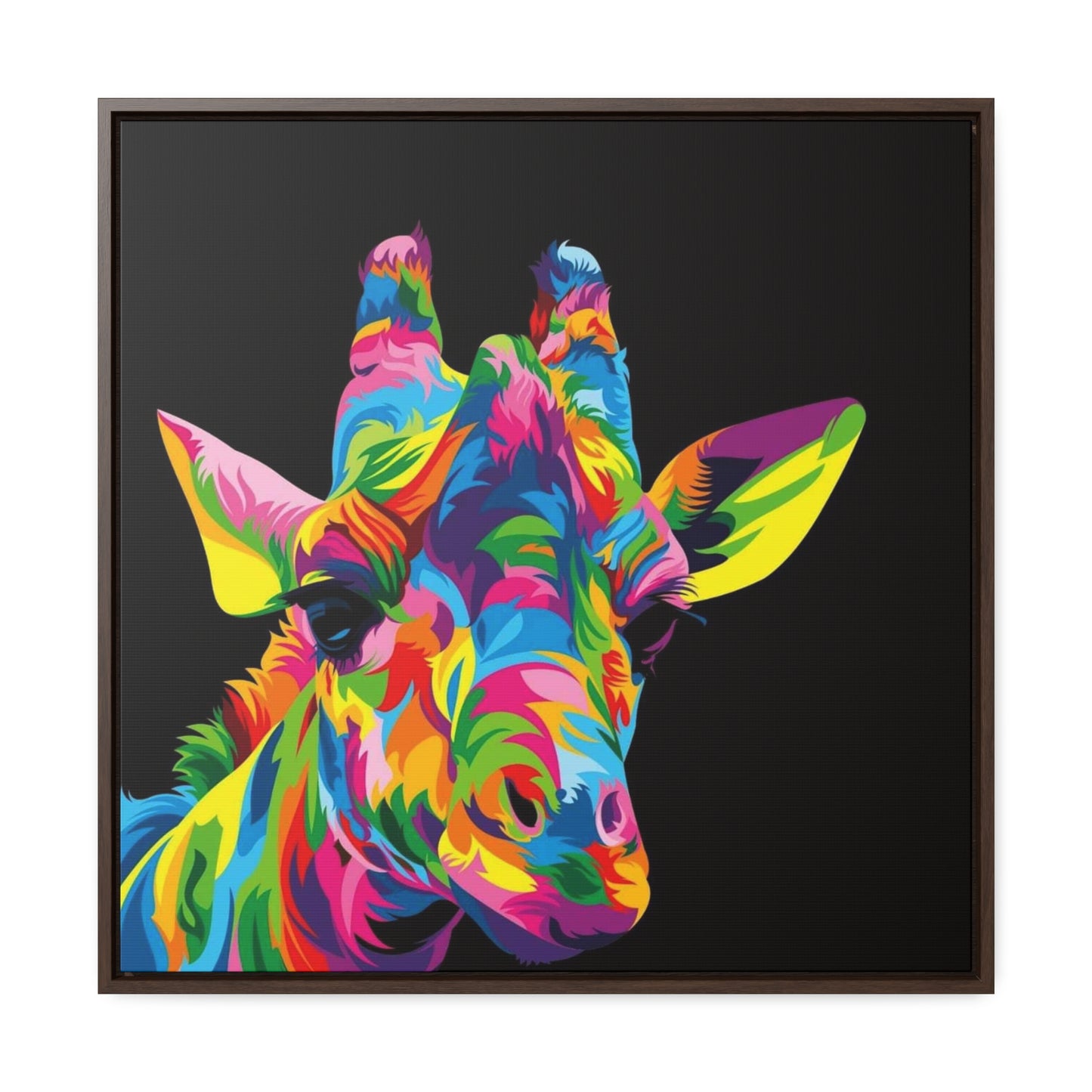 "Be Bold" Multicolored Giraffe Print on Cotton Canvas with Walnut Square Frame