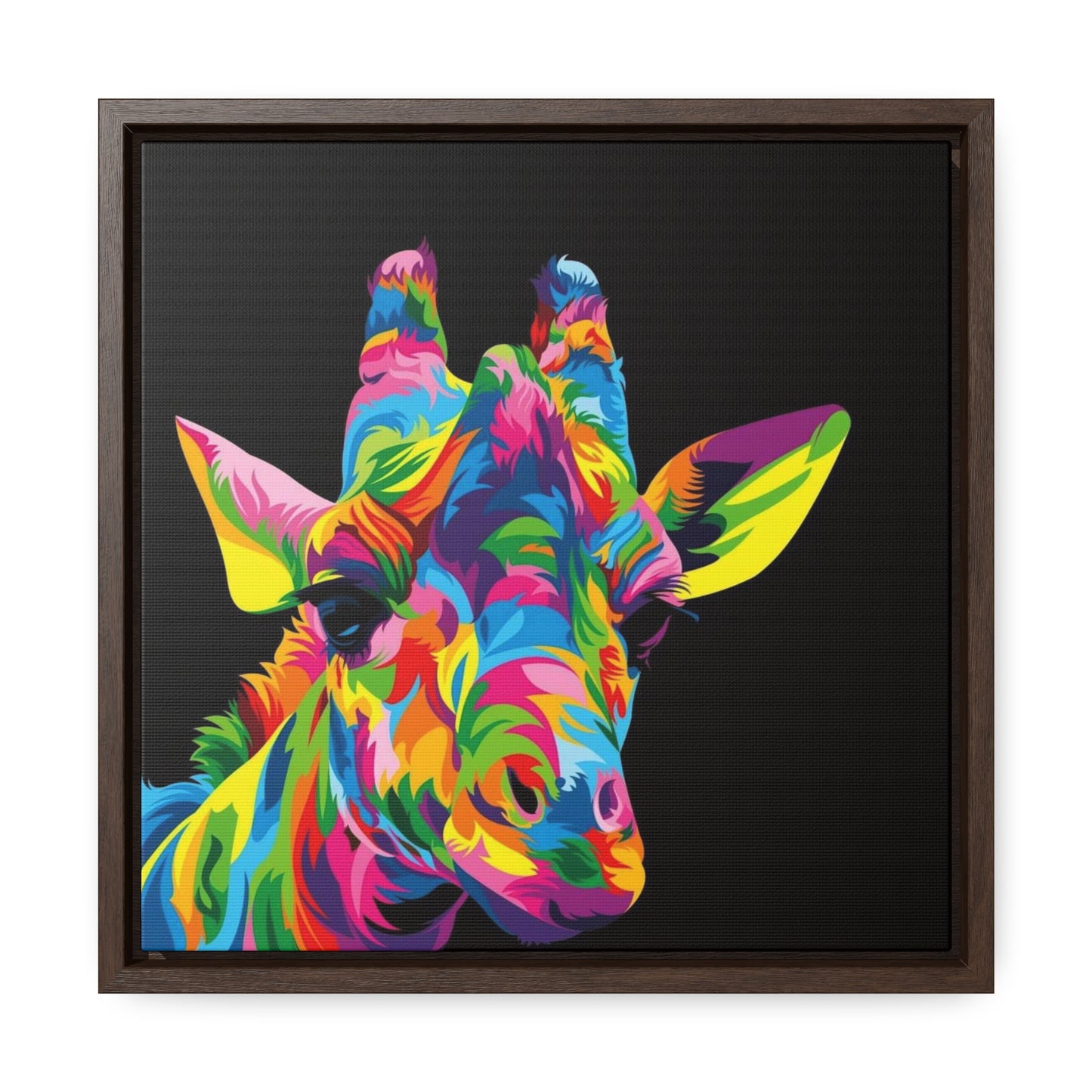 "Be Bold" Multicolored Giraffe Print on Cotton Canvas with Walnut Square Frame